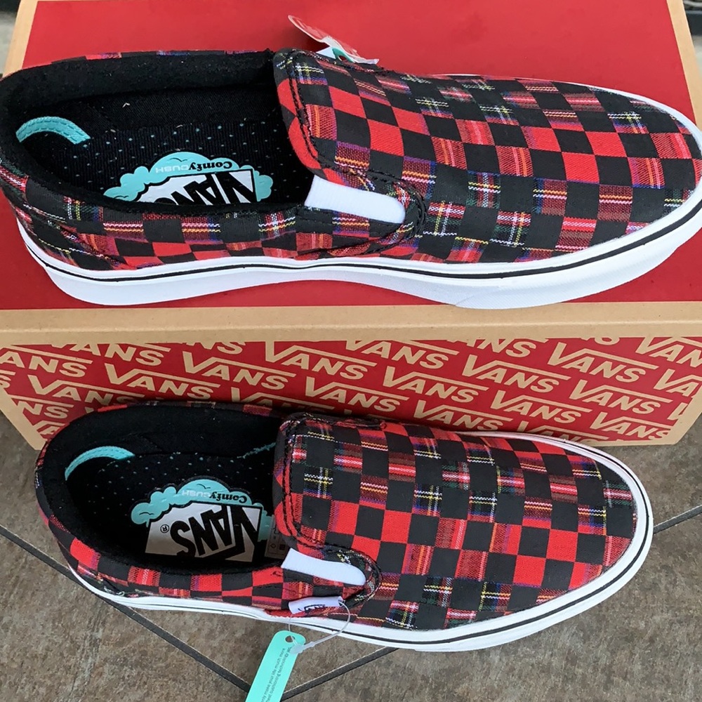 VANS COMFYCUSH SLIP ON PLAID CHECK RED/TRWHT WMNS - Picture 4 of 16